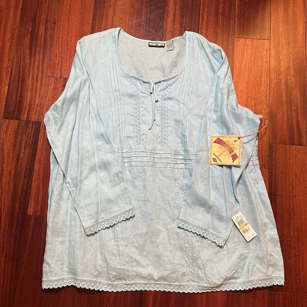 Caribbean Joe Womens 3x 3XL Light Blue 100% Linen Tunic Blouse Lace Trim Shirt